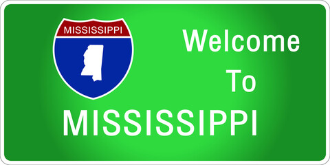 Roadway sign Welcome to Signage on the highway in american style Providing mississippi state information and maps On the green background of the sign vector art image illustration 