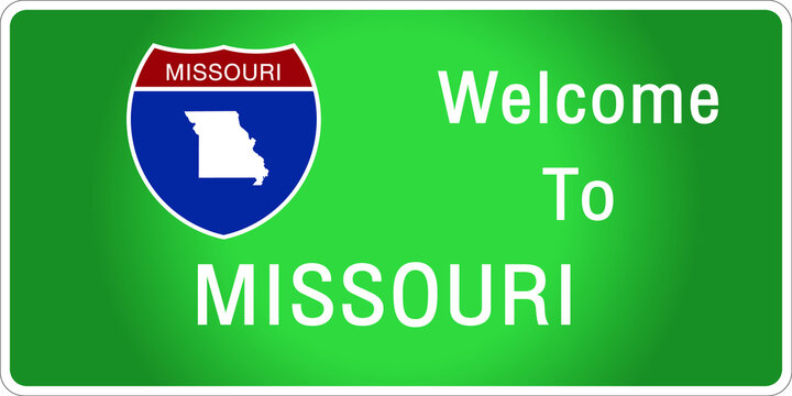 Roadway sign Welcome to Signage on the highway in american style Providing missouri state information and maps On the green background of the sign vector art image illustration 