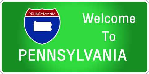 Roadway sign Welcome to Signage on the highway in american style Providing pennsylvania state information and maps On the green background of the sign vector art image illustration 