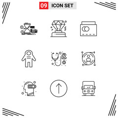 Set of 9 Modern UI Icons Symbols Signs for stethoscope, space traveler, beach, people, astronaut