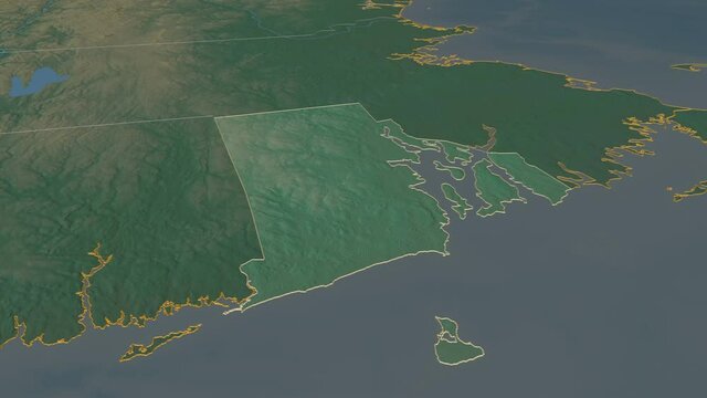Rhode Island, state with its capital, zoomed and extruded on the relief map of United States in the conformal Stereographic projection. Animation 3D