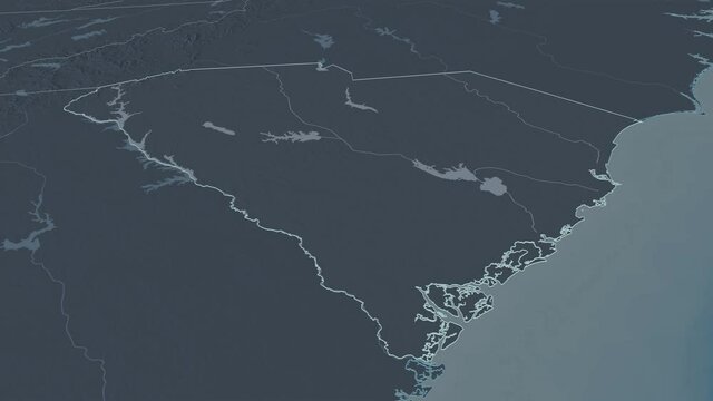 South Carolina, state with its capital, zoomed and extruded on the administrative map of United States in the conformal Stereographic projection. Animation 3D