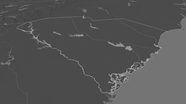 South Carolina, state with its capital, zoomed and extruded on the bilevel map of United States in the conformal Stereographic projection. Animation 3D