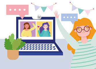 online party, birthday or meeting friends, happy women friends celebration laptop webcam technology