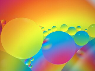 Closeup oil bubbles with colorful background and blurred droplets ,macro image ,sweet color ,rainbow and colorful balloons background, abstract background