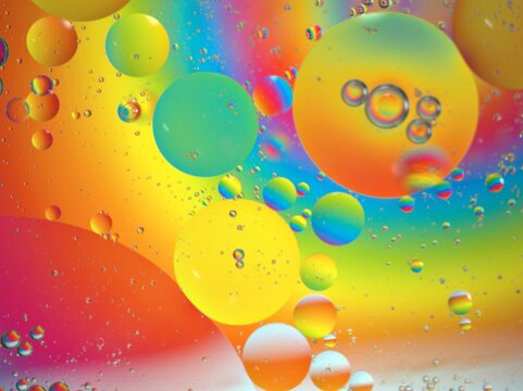 Closeup oil bubbles with colorful background and blurred droplets ,macro image ,sweet color ,rainbow and colorful balloons background, abstract background