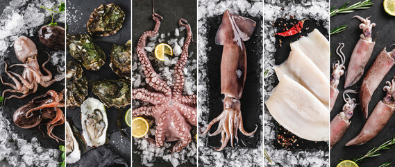 Food collage of various fresh raw fillet squid, octopus, oysters, baby octopuses with ice and...
