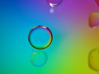 Closeup oil bubbles with colorful background and blurred droplets ,macro image ,sweet pastel color ,rainbow and colorful balloons background, abstract background