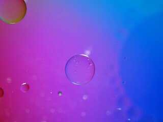 Closeup pink purple oil bubbles with colorful background and blurred droplets ,macro image ,sweet pastel color ,rainbow and colorful balloons background, abstract background