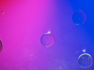 Closeup pink purple oil bubbles with colorful background and blurred droplets ,macro image ,sweet pastel color ,rainbow and colorful balloons background, abstract background