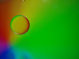 Closeup green oil bubbles with colorful background and blurred droplets ,macro image ,sweet pastel color ,rainbow and colorful balloons background, abstract background