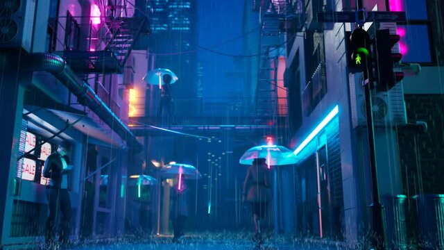 People walking under umbrellas in the rain along the street in the neons lights.
