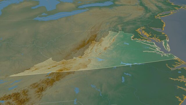 Virginia, state with its capital, zoomed and extruded on the relief map of United States in the conformal Stereographic projection. Animation 3D