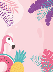 flamingo bird pineapple and float exotic tropical leaves, hello summer