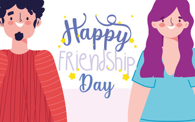 happy friendship day, man and woman characters lettering special event celebration