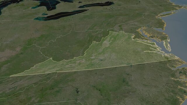 Virginia, state with its capital, zoomed and extruded on the satellite map of United States in the conformal Stereographic projection. Animation 3D