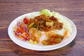 Stir fried beef with Japanese spicy sauce on Japanese rice served with salad.