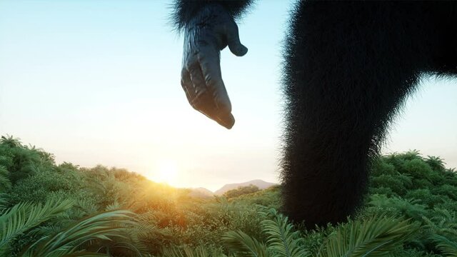 Giant gorilla and helicopter in jungle. Prehistoric animal and monster. Realistic fur and animation. 4K render.