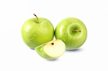 Green apples with waterdrop isolated on white background.