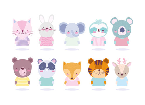 cartoon cute animals different characters portrait icons