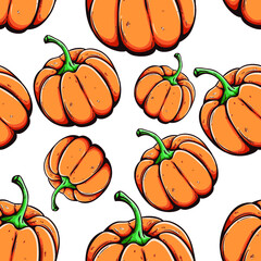 pumpkin in seamless pattern with colored hand drawn style on white background
