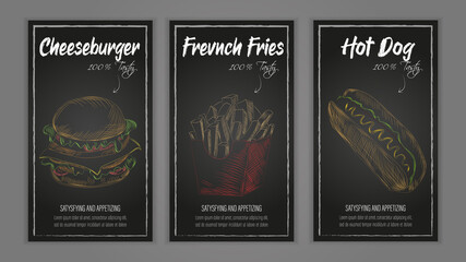Fast food template of cheeseburger, french fries and hot dog color sketch. Fast food restaurant menu vector illustration