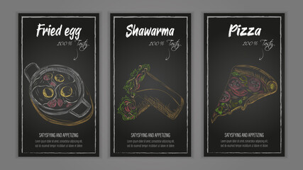 Food Badges Set, Hand Drawn of fried egg, shawarma and pizza color hand draw. Vector illustration