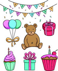 cute bear doll in birthday party with cupcake and gift box