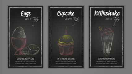 Vector cafe food illustrations. Set of boiled egg, cupcake and milk shake. Color hand drawn illustrations