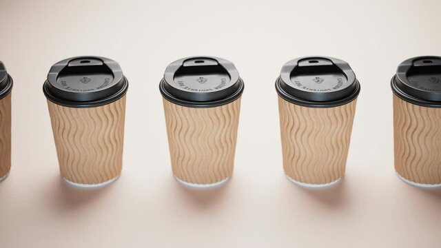Row of disposable coffee cups with black lids on beige background
