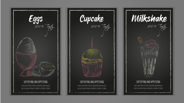 Vector cafe food illustrations. Set of boiled egg, cupcake and milk shake. Color hand drawn illustrations