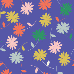 Light Navy blue with whimsical flowers seamless pattern background design.