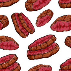 delicious beef steak in seamless pattern with colored doodle art