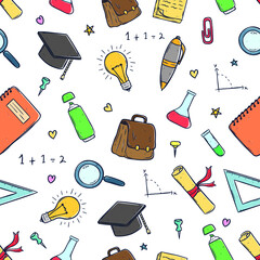 doodle school items or equipment seamless pattern