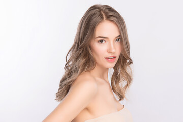 Obraz premium Beauty Woman face Portrait, Beautiful Young Woman with Clean Fresh Healthy Skin, Facial treatment. Cosmetology, beauty and spa, isolated on white background.