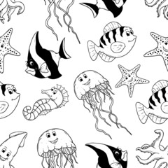 happy and cute sea animals in seamless pattern with sketch or hand drawn style