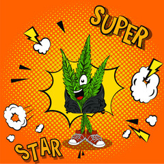 Funny hemp character in a fashionable black leather jacket and sneakers.  funny cannabis is smiling in comic style.  background with dots.  urban youth illustration for t-shirt print or product design