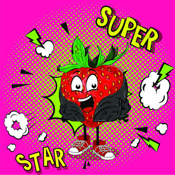 Strawberry character in a fashionable black leather jacket and sneakers. Funny fruit smiling. Red Background with gren dots in comics style. Ready for print template on t-shirt, packaging or textile 