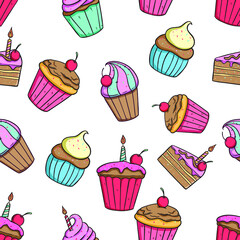 seamless pattern of delicious cupcake with colorful doodle style