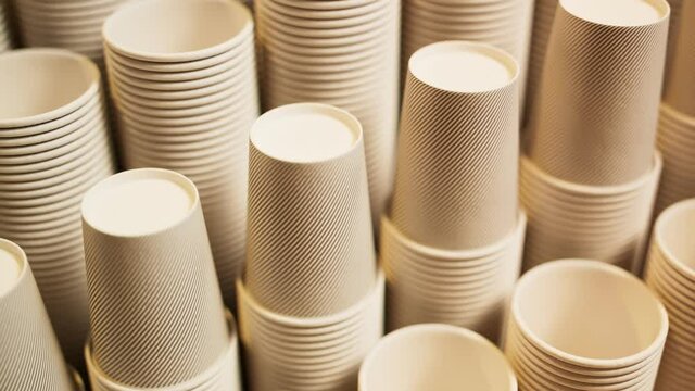 Seamless looping animation of assorted disposable coffee cups. Stacks of cups.