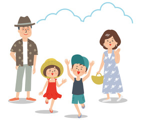 夏服の笑顔のおじいさんおばあさんと孫