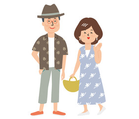 夏服の笑顔のおしゃれなシニアカップル