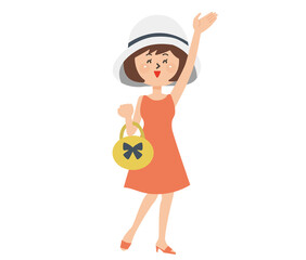 手をふる帽子をかぶった夏服の女の子