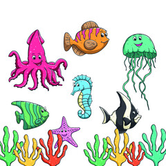 set of cute fish or sea animal with colored hand drawn or doodle art