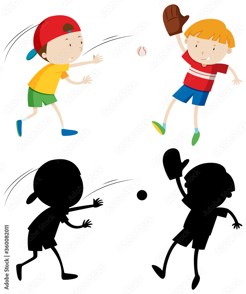 Sticker Two kids playing baseball in color and silhouette