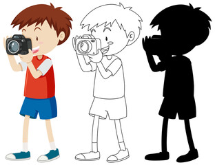 Boy shooting photo with camera in color and outline and silhouette