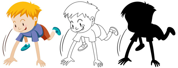 Boy with ready to run position in color and in outline and silhouette