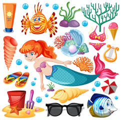Set of mermaid and sea animals cartoon style on white background