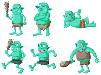 Set of green goblin or troll in different poses in cartoon character isolated