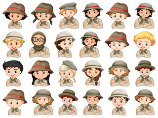 Set of different characters of boys and girls scout costume on a white background